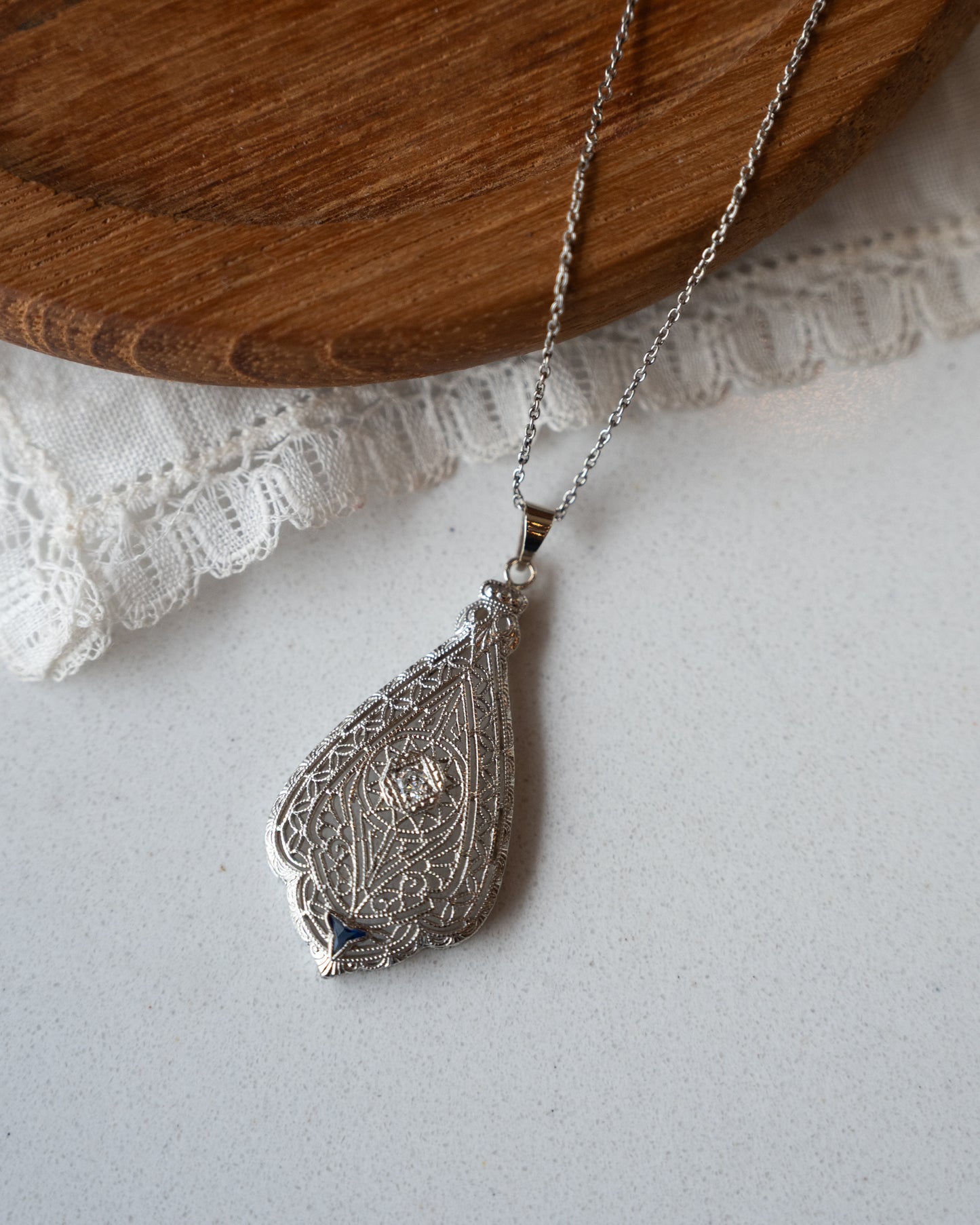 .03 Antique Art Deco Diamond Filigree Pendant 14k White Gold
