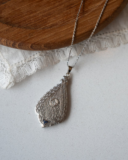 .03 Antique Art Deco Diamond Filigree Pendant 14k White Gold