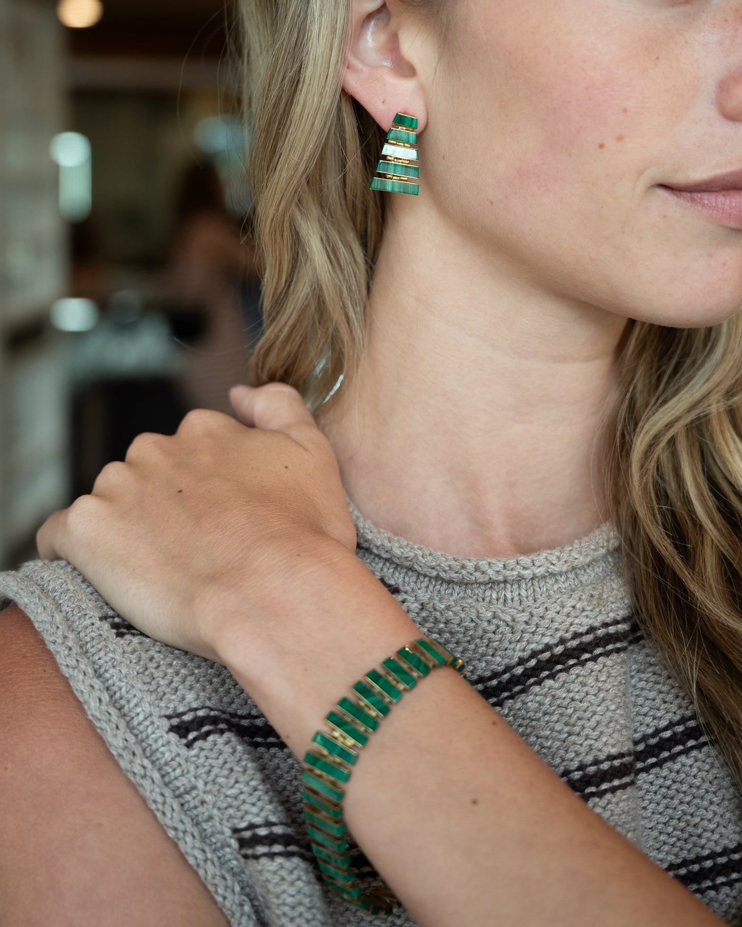 Vintage Mid-Century Malachite Bracelet & Earring Set 18k