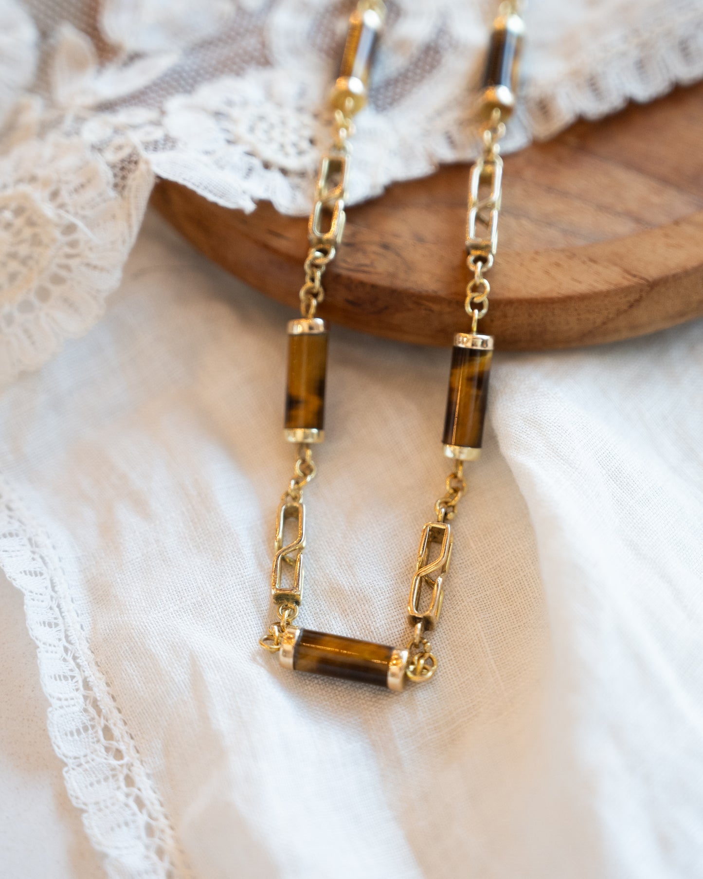 Vintage Mid-Century Tiger's Eye Necklace & Bracelet 14k