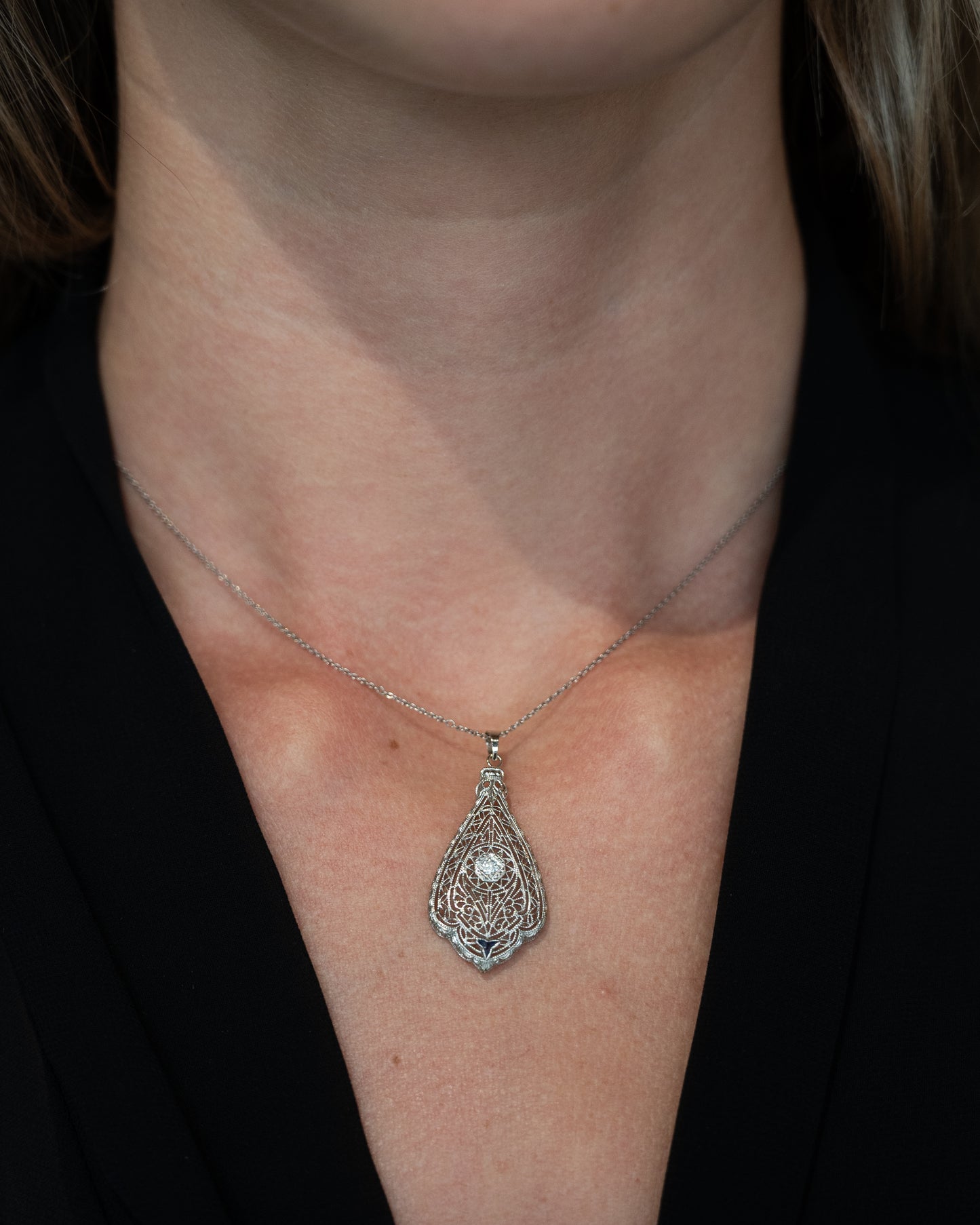 .03 Antique Art Deco Diamond Filigree Pendant 14k White Gold