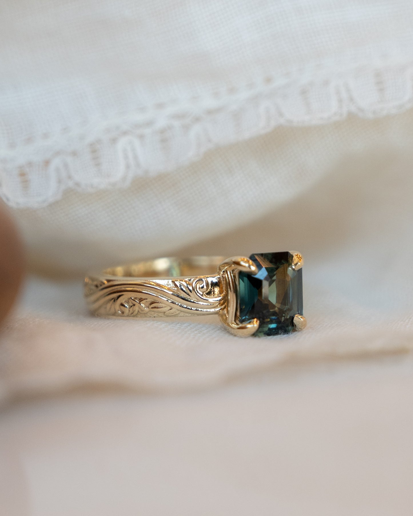 2.04 Asscher Cut Green Sapphire Solitaire Ring 14k