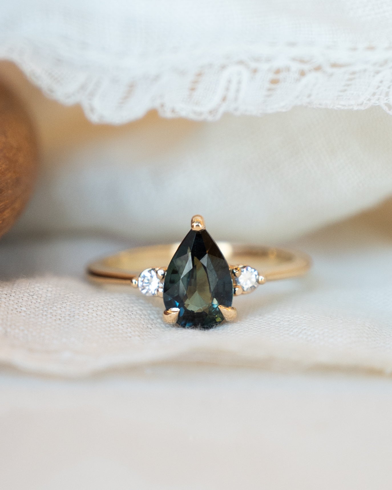 1.52 Pear Sapphire Three Stone Engagement Ring 14k