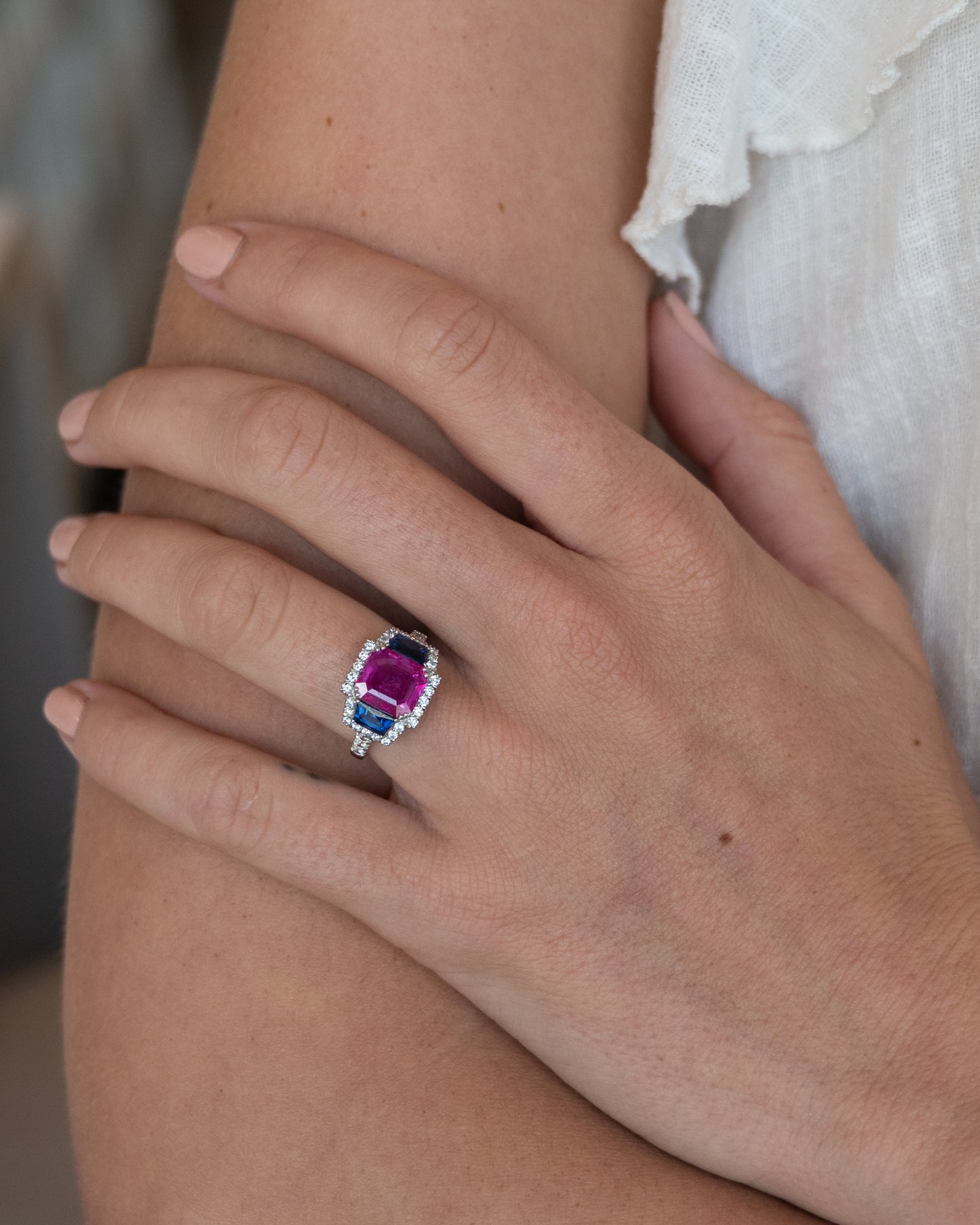 3.03 Pink Sapphire Three Stone Halo Ring Platinum