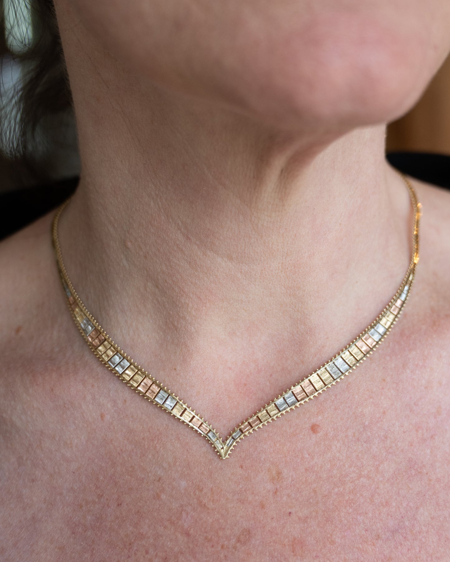 Tri-Color Herringbone Collar Necklace 14k Gold