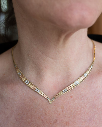 Tri-Color Herringbone Collar Necklace 14k Gold