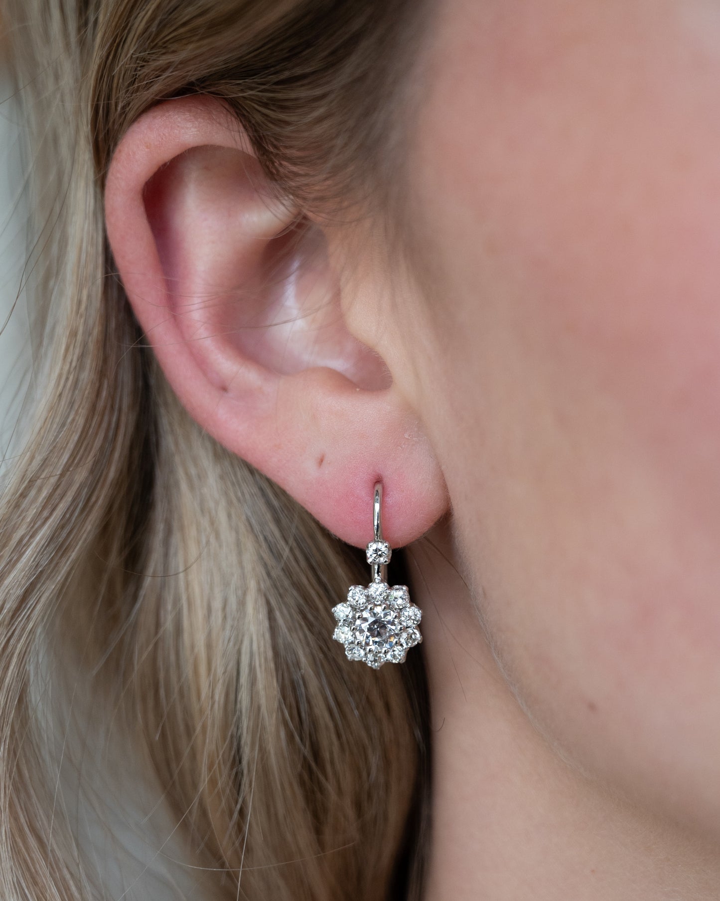1.10 Old European Diamond Cluster Drop Earrings 14k White Gold