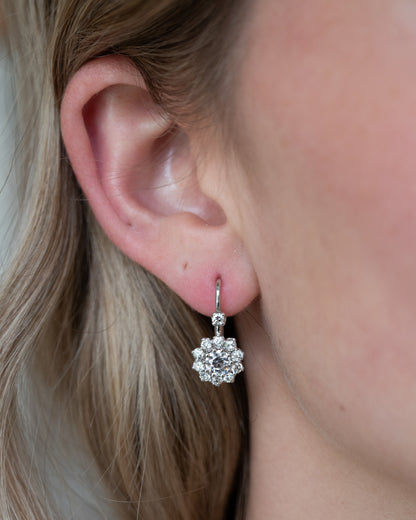 1.10 Old European Diamond Cluster Drop Earrings 14k White Gold