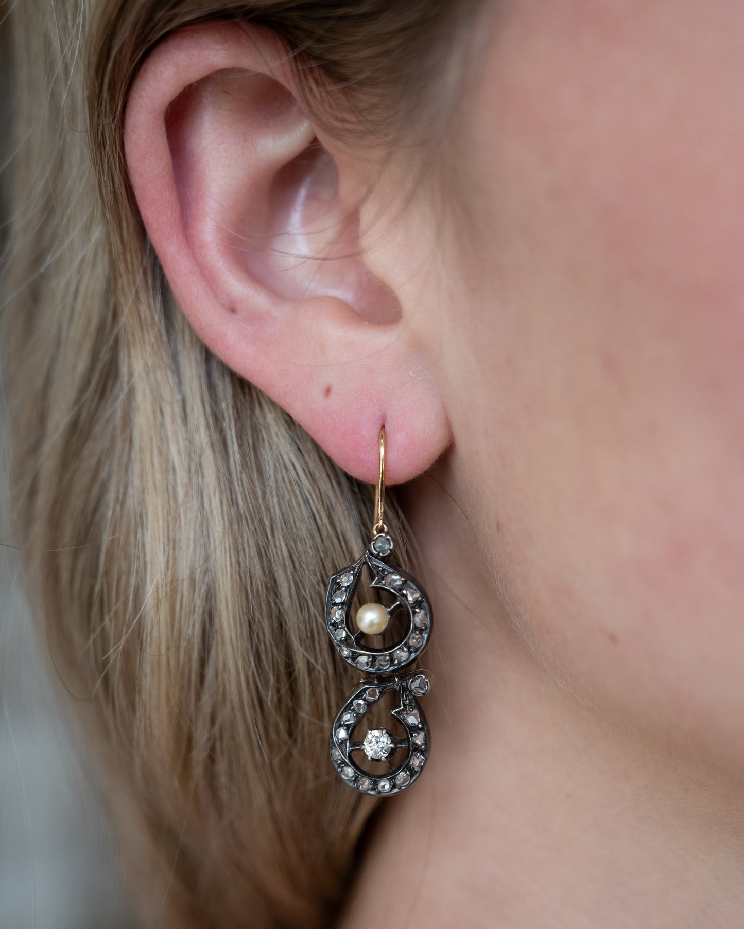 .82 Georgian Diamond & Pearl Drop Earrings Silver & 14k