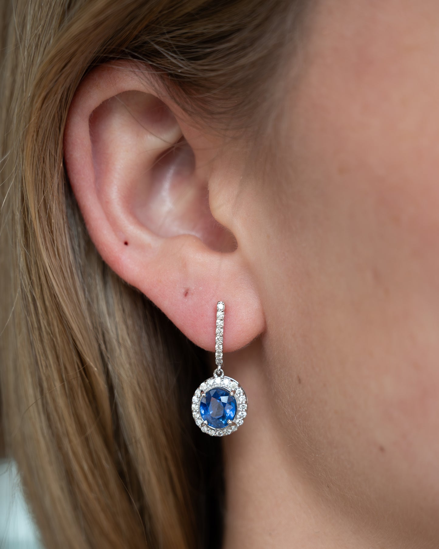 4.03 Blue Sapphire Drop Earrings 18k White Gold