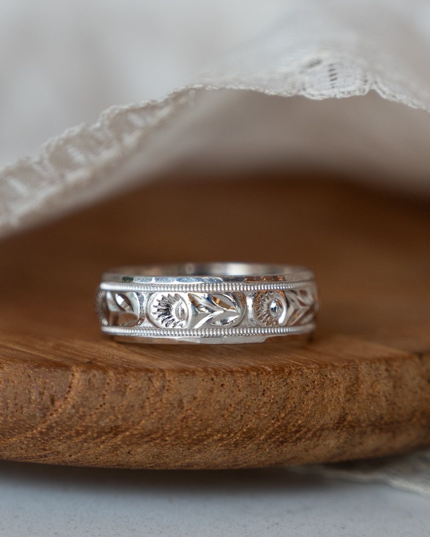 Vintage Mid-Century Engraved Wedding Band 14k White Gold