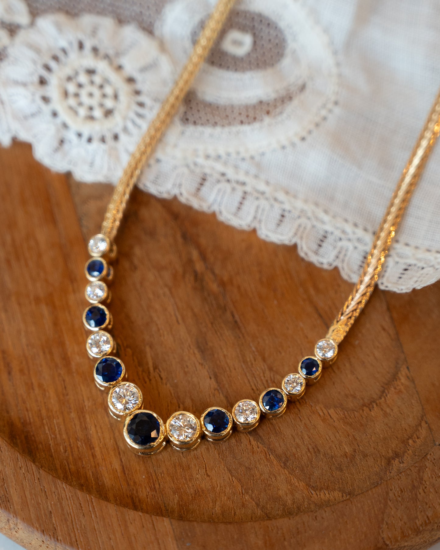Blue Sapphire & Diamond Herringbone Necklace 14k