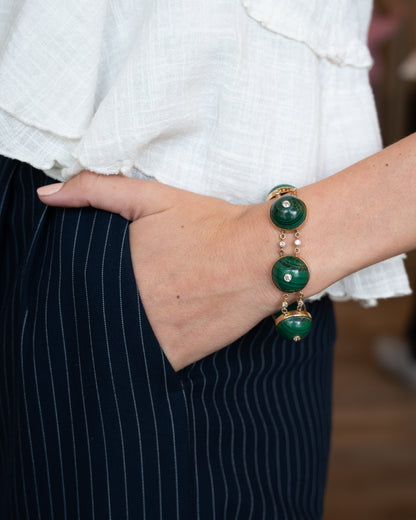 1.80 Vintage Mid-Century Malachite & Diamond Bracelet 14k