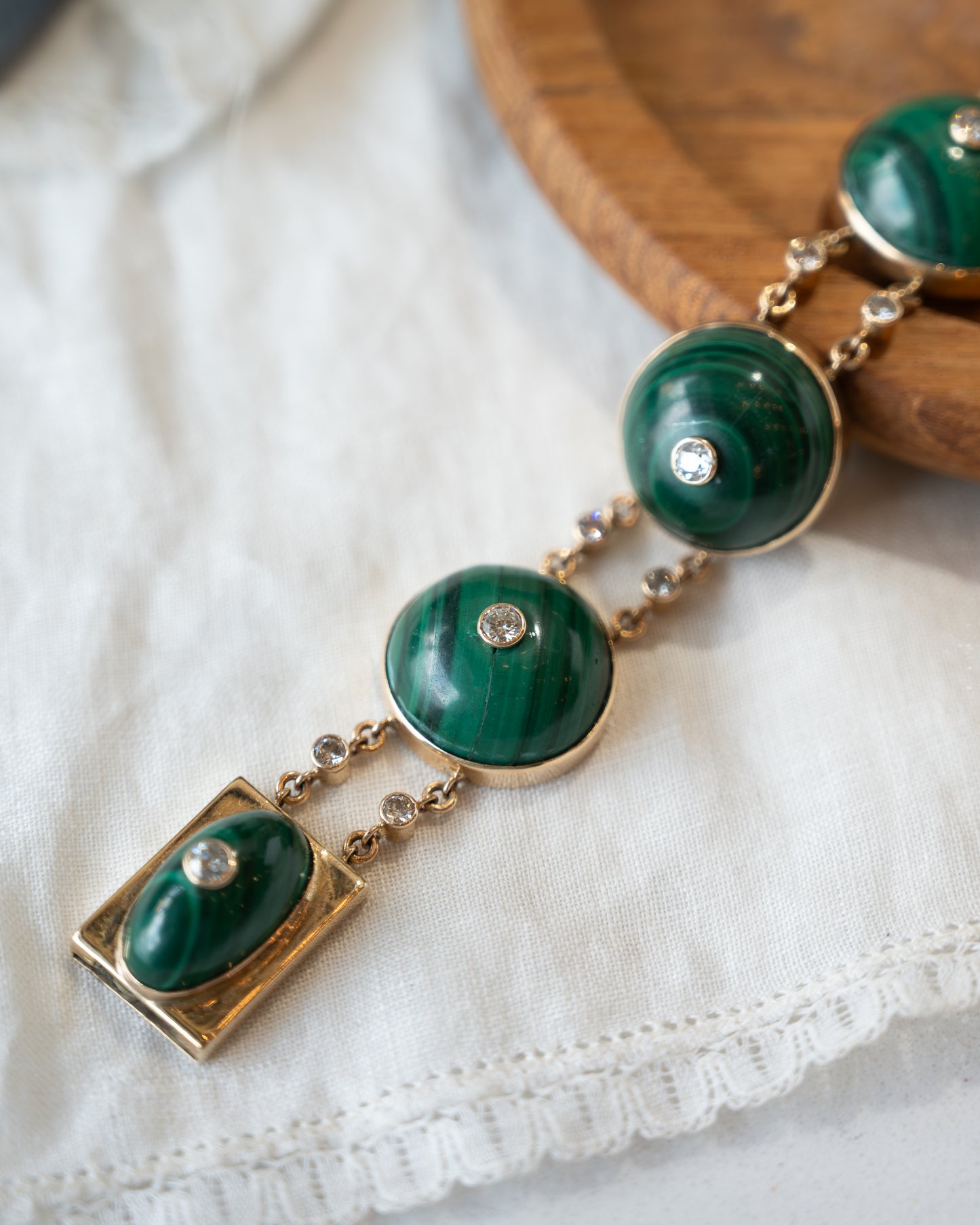 1.80 Vintage Mid-Century Malachite & Diamond Bracelet 14k