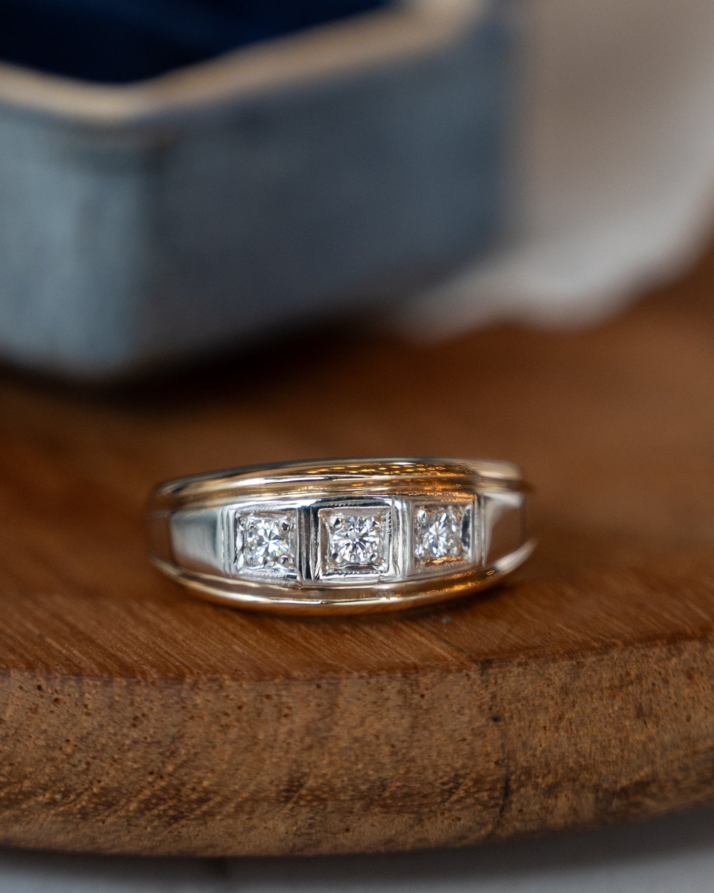 Mens Three Stone Diamond Ring Two-Tone 14k