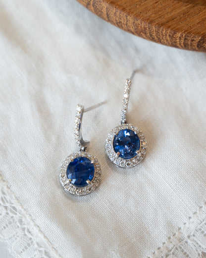 4.03 Blue Sapphire Drop Earrings 18k White Gold
