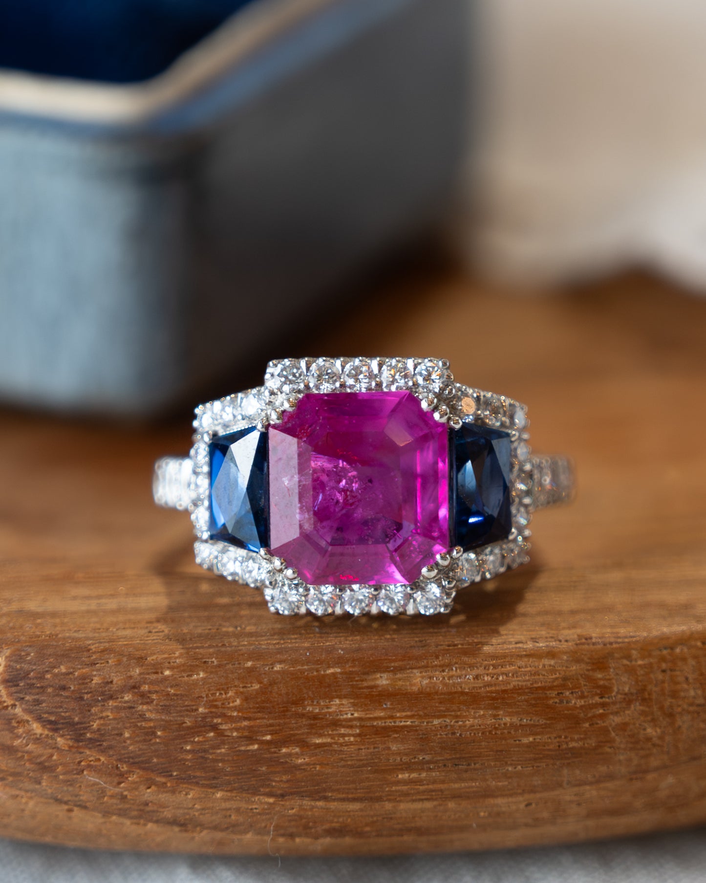 3.03 Pink Sapphire Three Stone Halo Ring Platinum