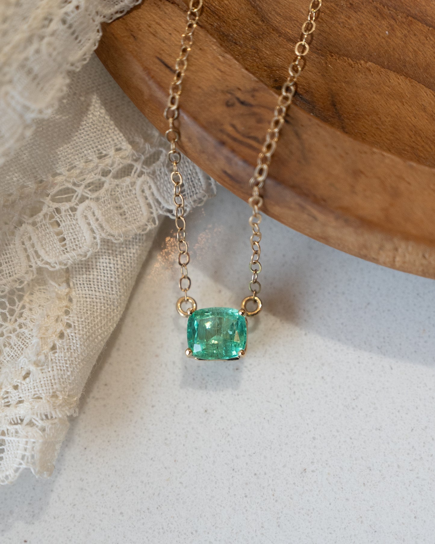 1.09 Cushion Emerald Solitaire Pendant 14k Yellow Gold