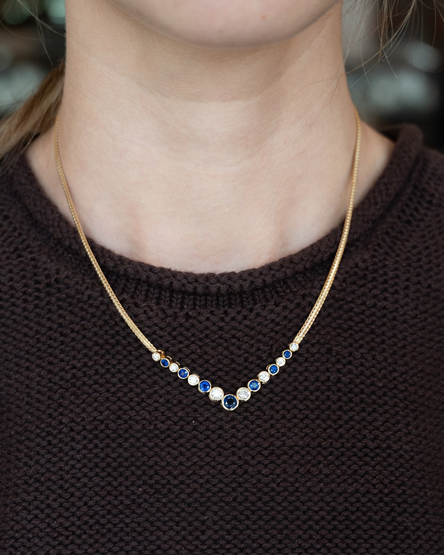 Blue Sapphire & Diamond Herringbone Necklace 14k