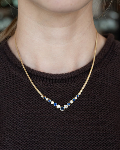 Blue Sapphire & Diamond Herringbone Necklace 14k