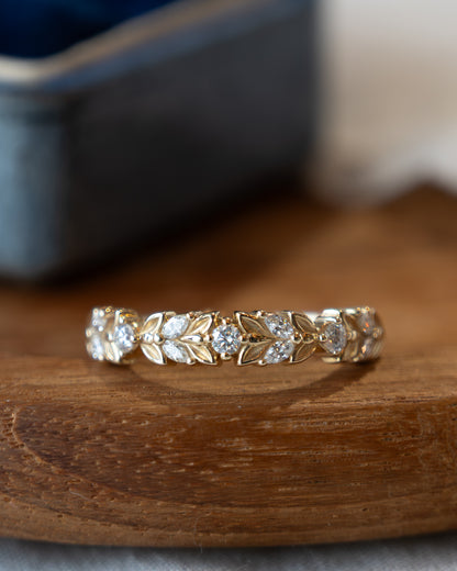 .28 Diamond Leaf Wedding Band 14k Yellow Gold