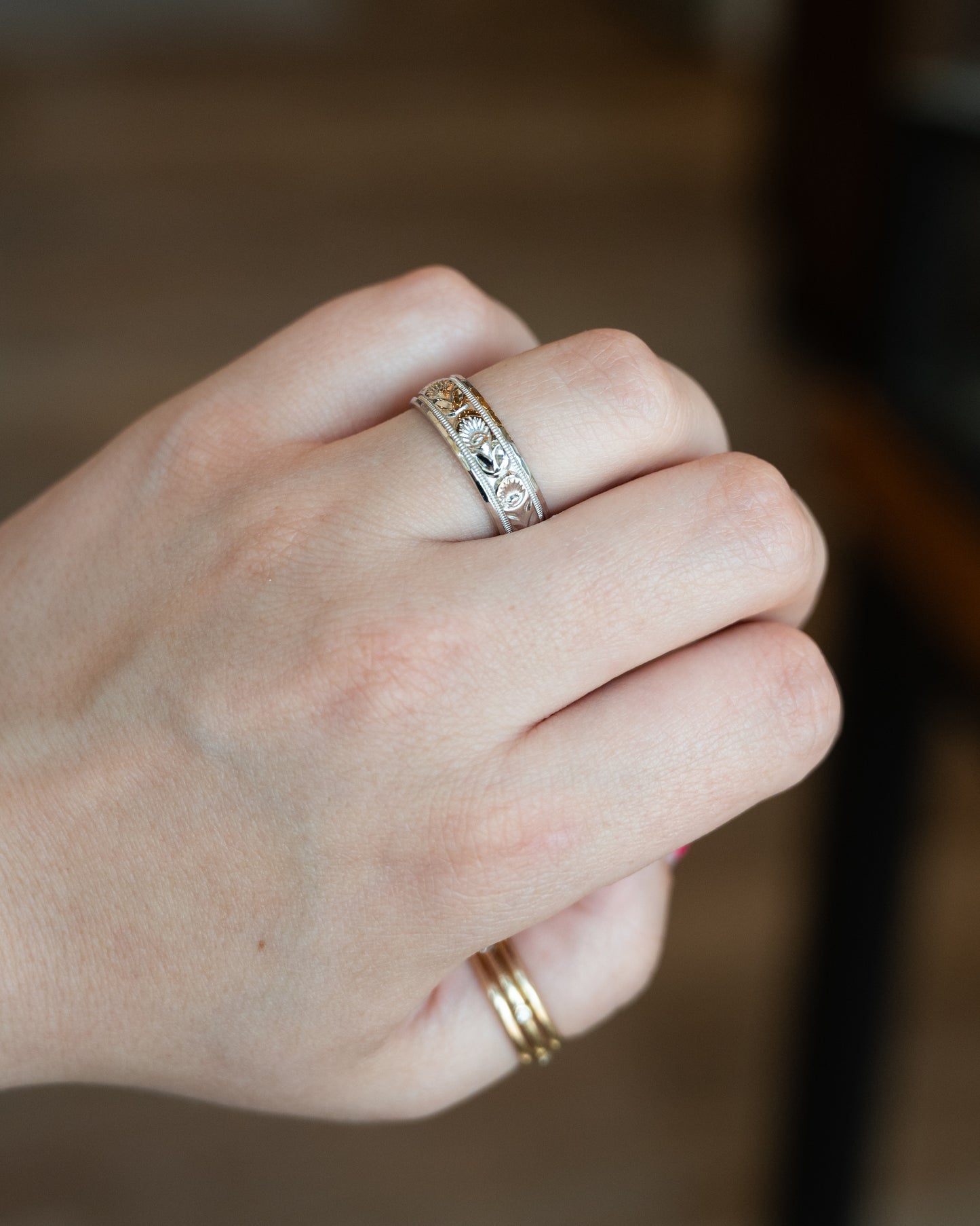 Vintage Mid-Century Engraved Wedding Band 14k White Gold