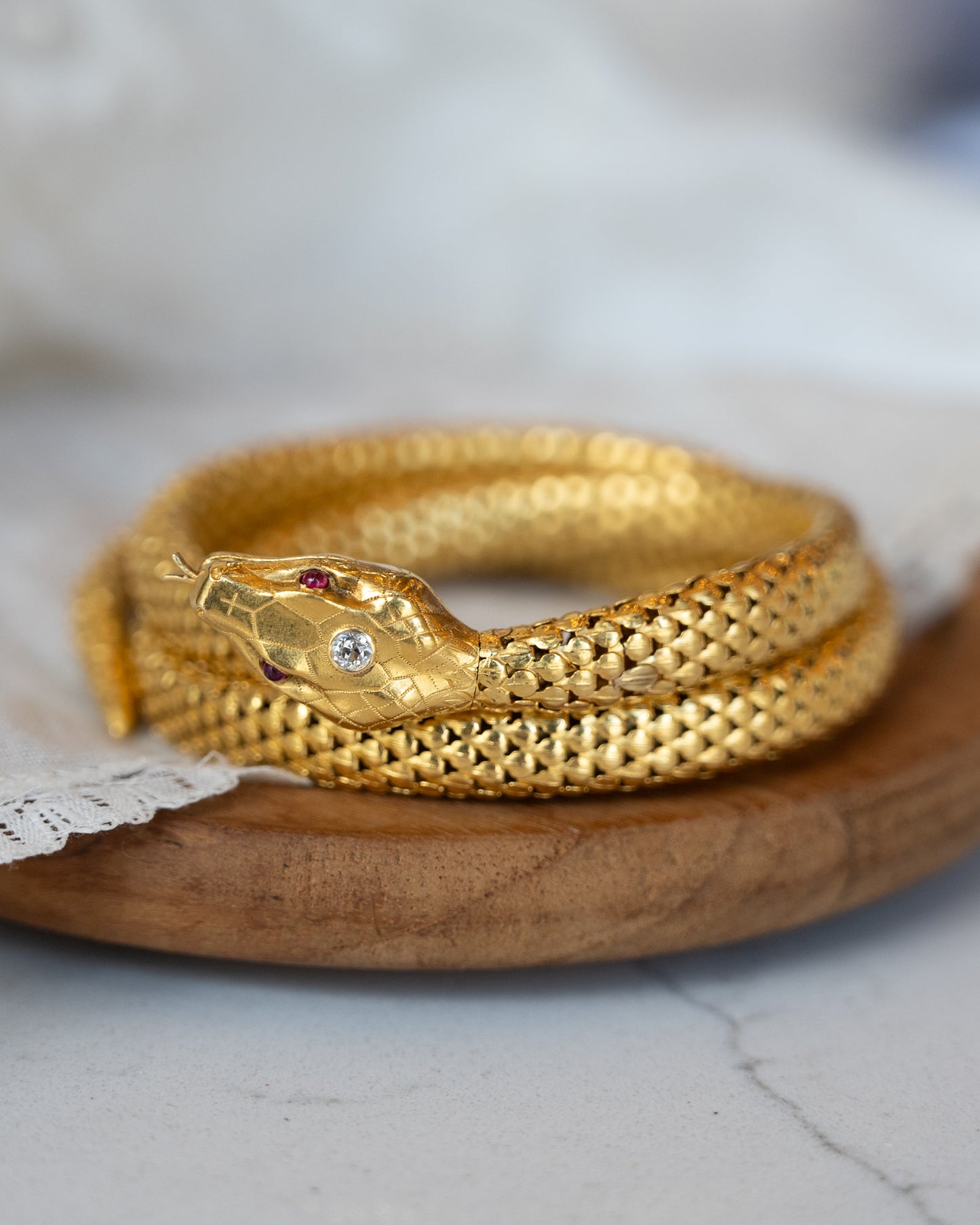 .22 Victorian Diamond & Ruby Snake Bracelet 14k