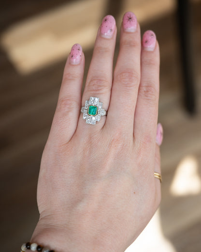 .94 Art Deco Emerald Cocktail Ring Platinum & 18k