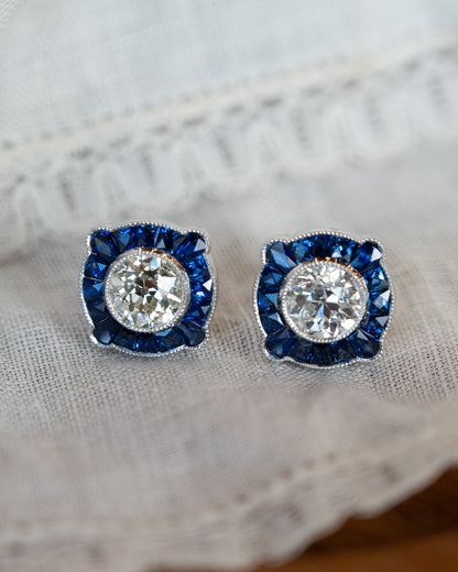 1.70 Old European Diamond Sapphire Stud Earrings Platinum