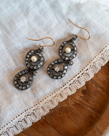 .82 Georgian Diamond & Pearl Drop Earrings Silver & 14k