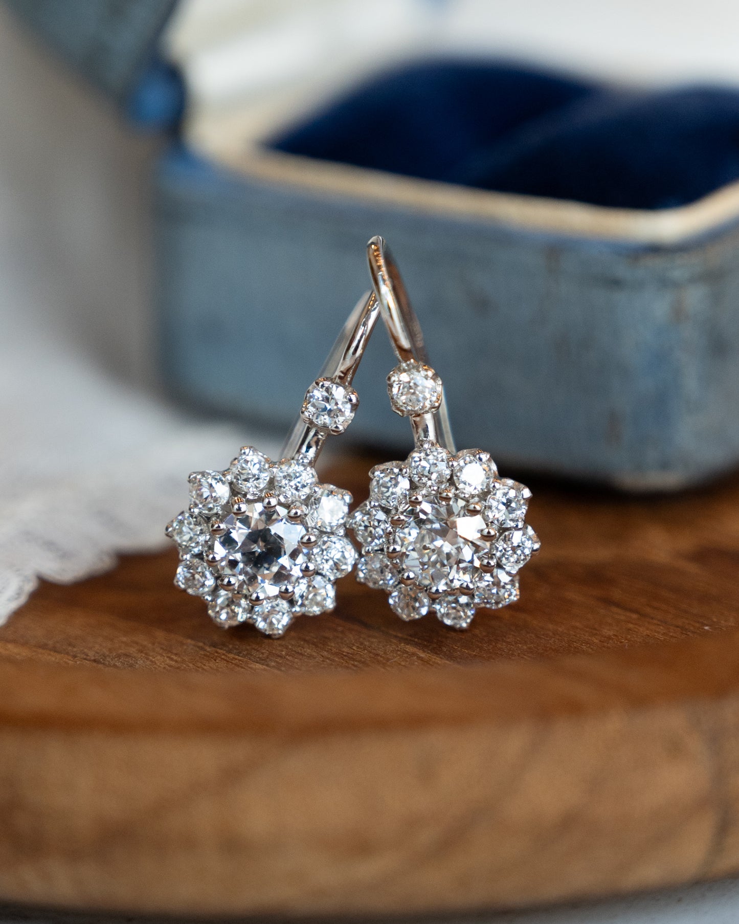 1.10 Old European Diamond Cluster Drop Earrings 14k White Gold