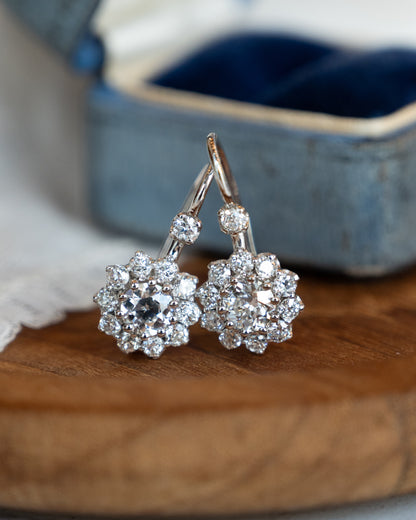 1.10 Old European Diamond Cluster Drop Earrings 14k White Gold