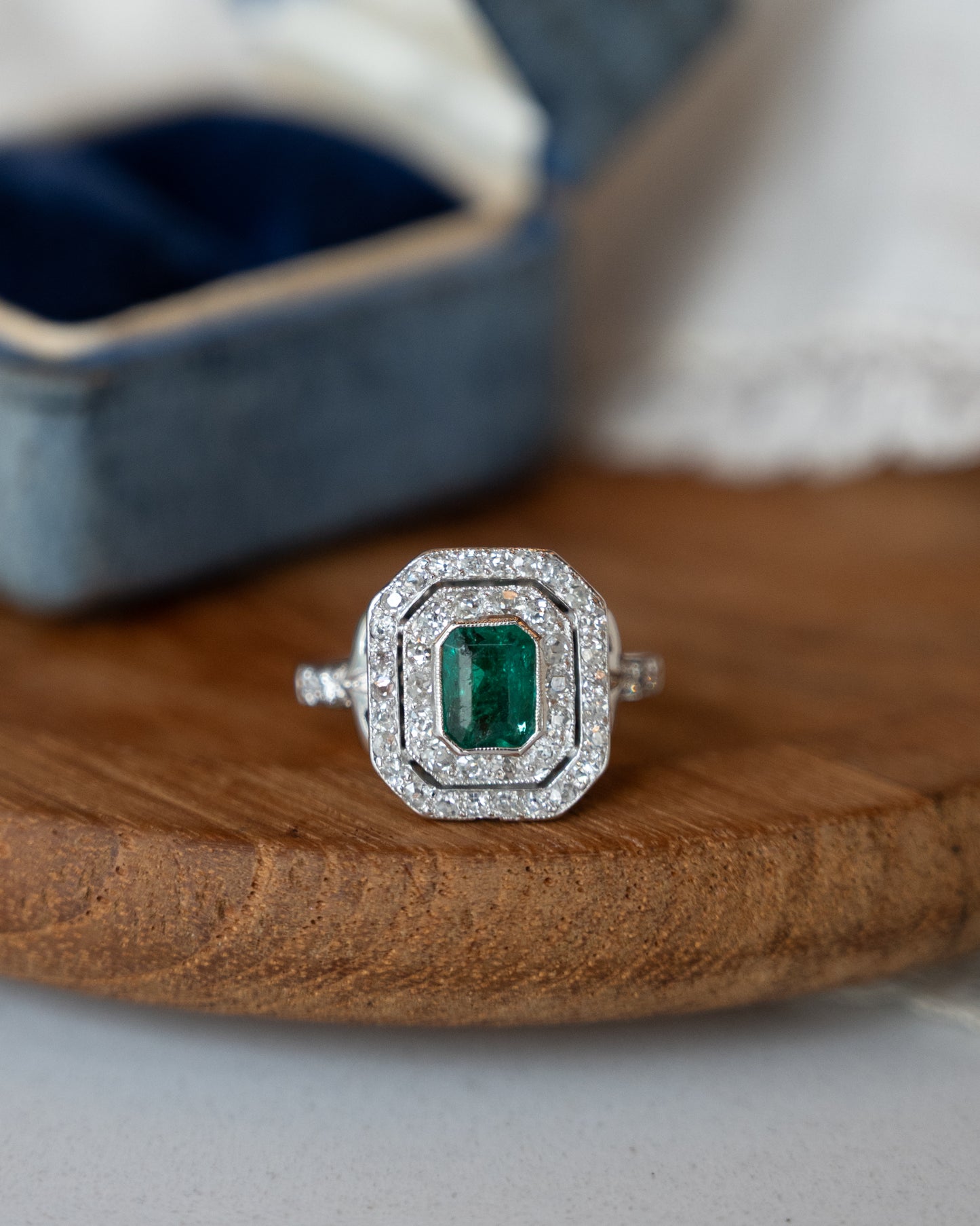 .86 Vintage Deco Emerald Cocktail Ring Platinum & 14k
