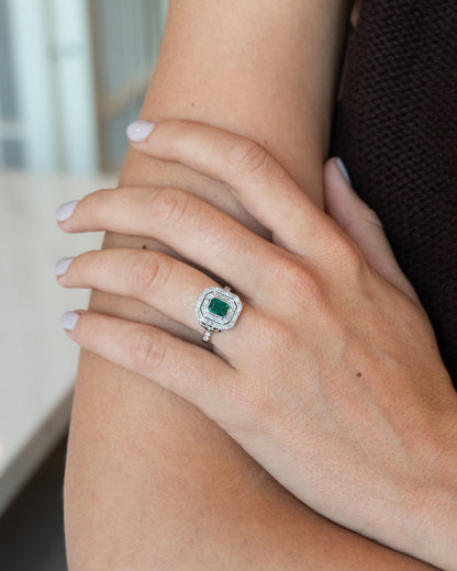 .86 Vintage Deco Emerald Cocktail Ring Platinum & 14k