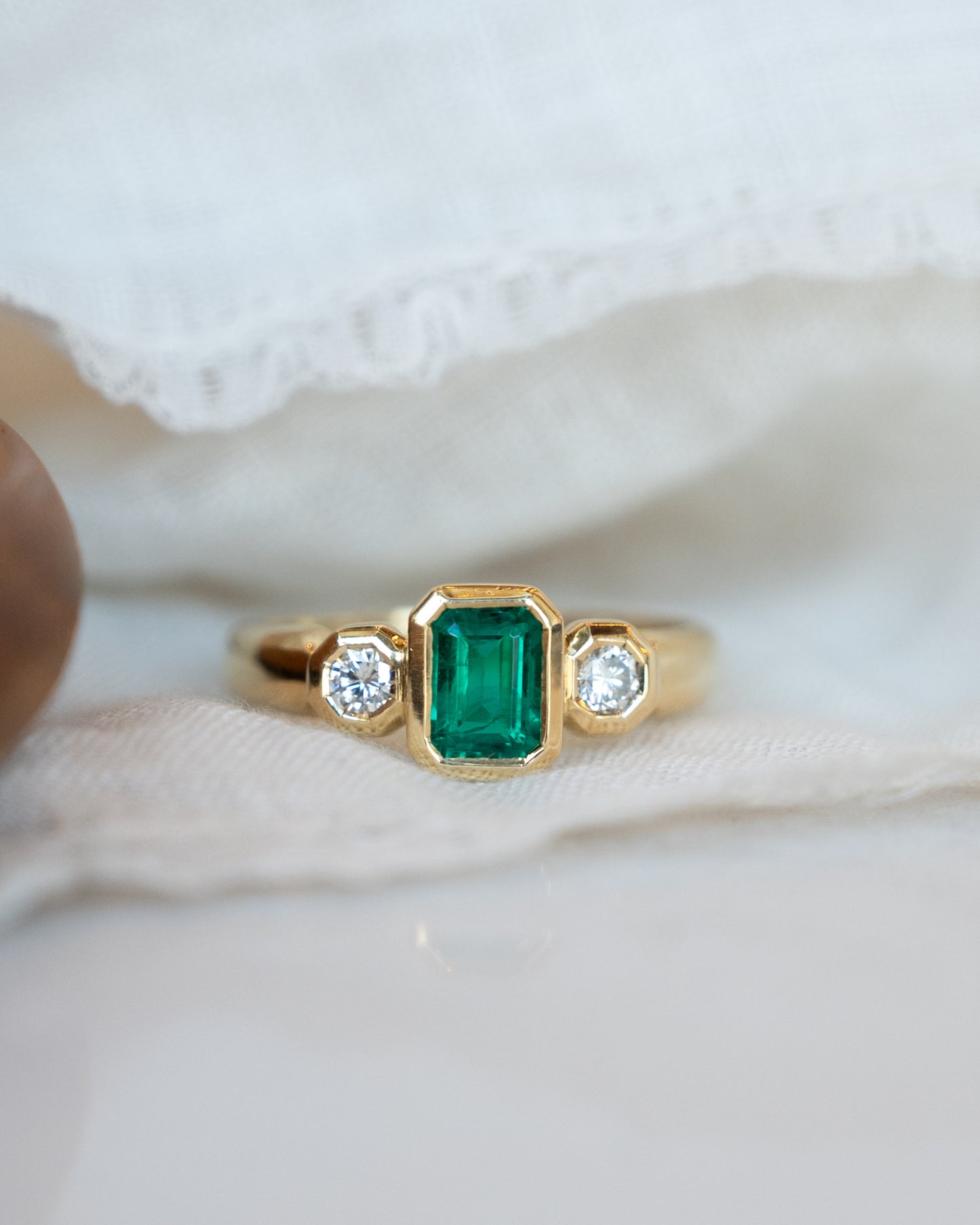 .95 Emerald Three Stone Ring 18k Yellow Gold
