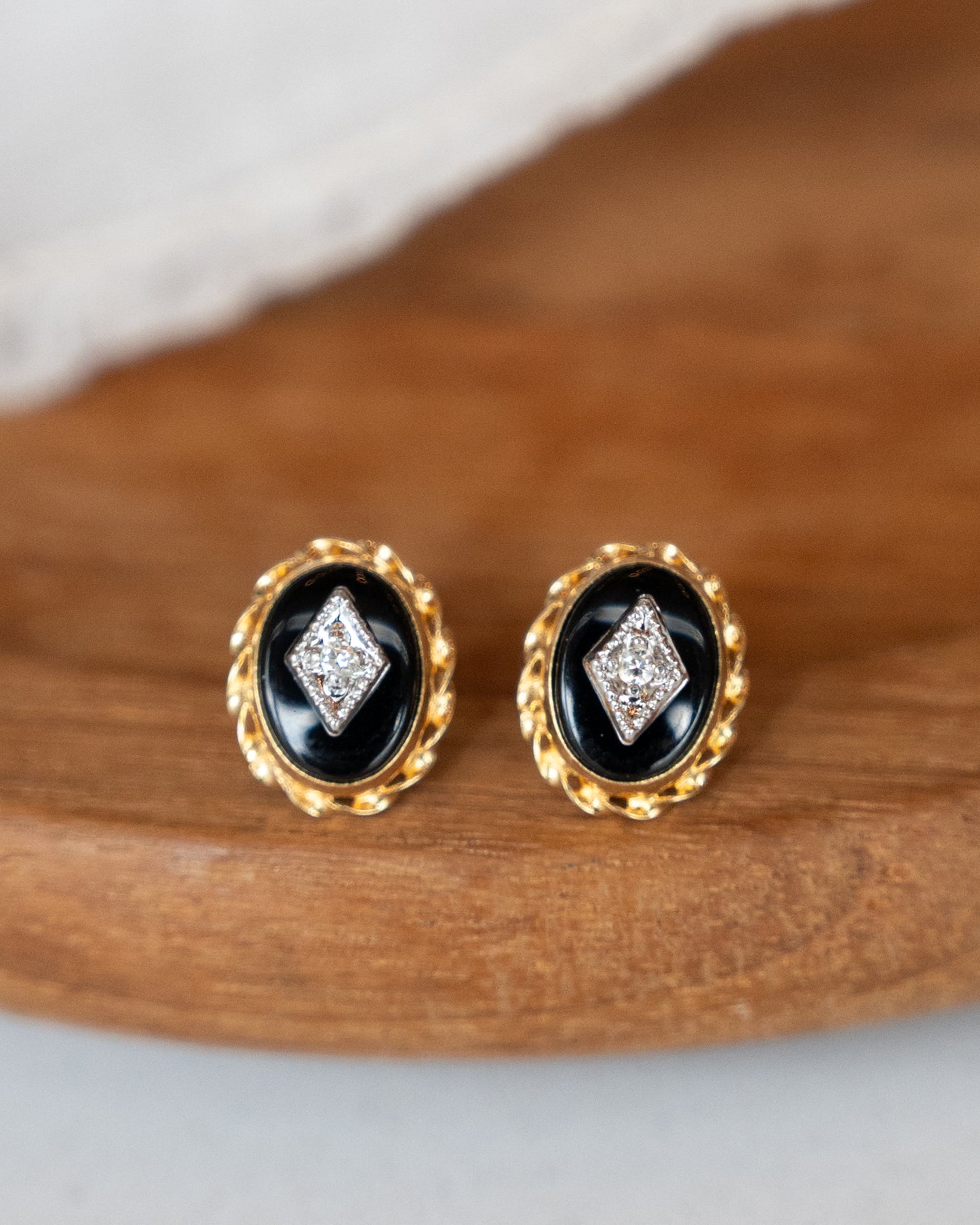 .01 Vintage Mid-Century Onyx Diamond Studs 14k