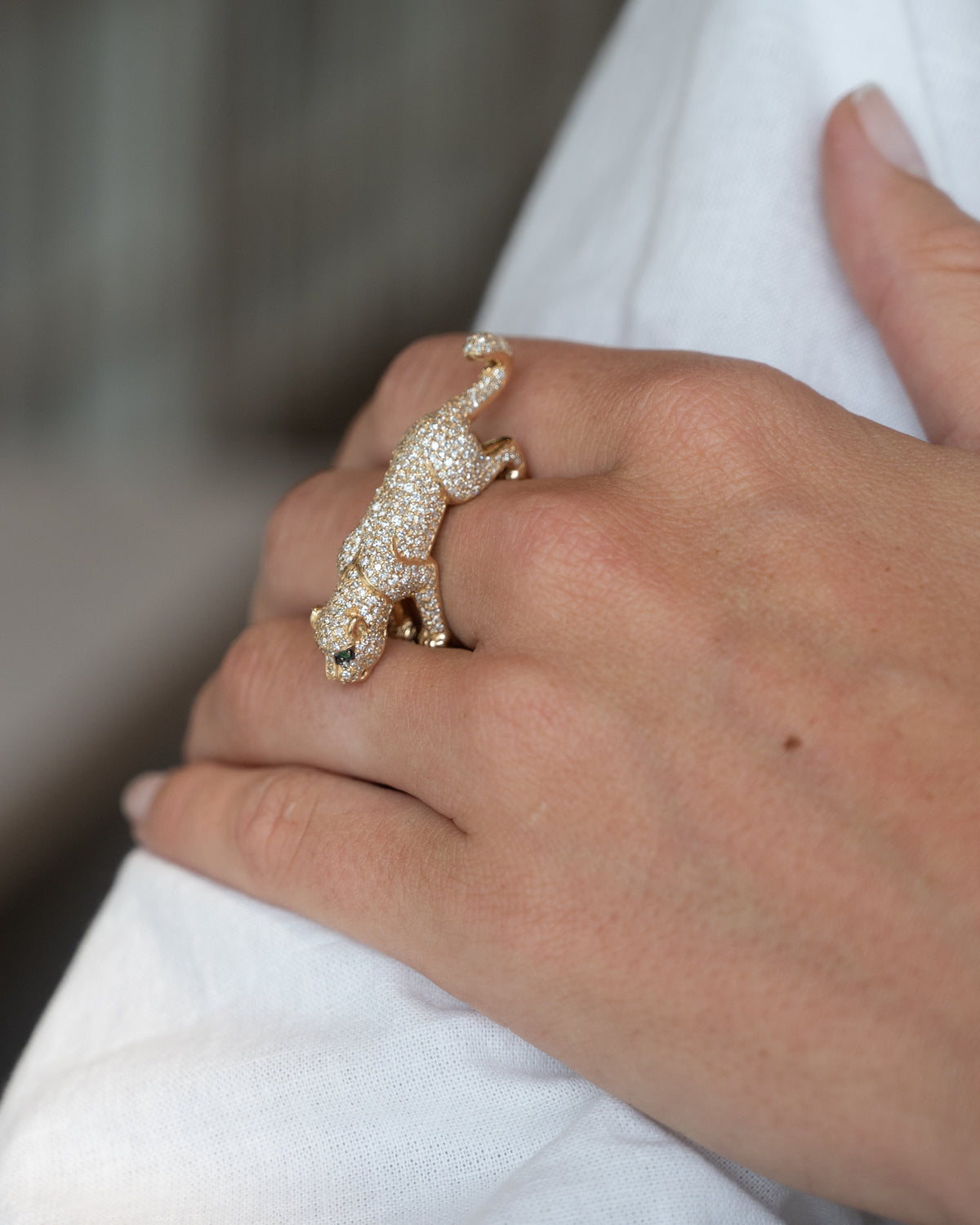 2.15 Pave Diamond Emerald Panther Ring 14k
