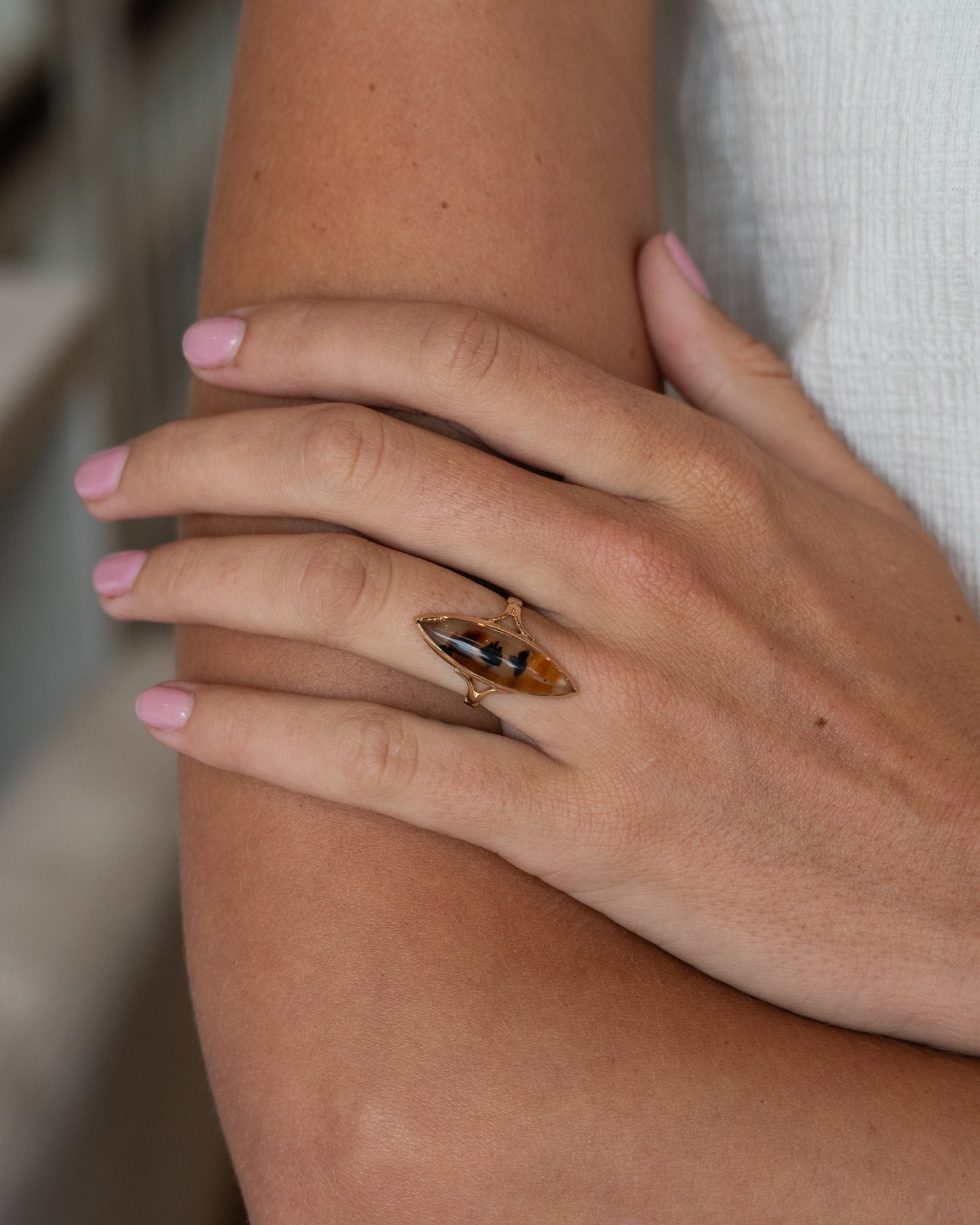 5.41 Antique Victorian Agate Cocktail Ring 14k Rose Gold