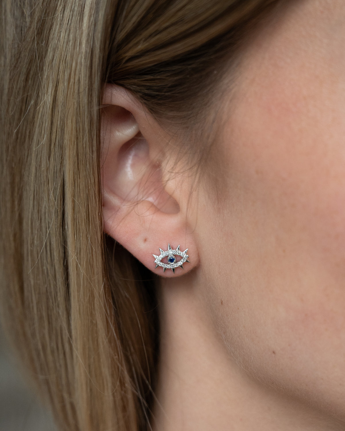 Sapphire & Diamond Evil Eye Studs 14k White Gold