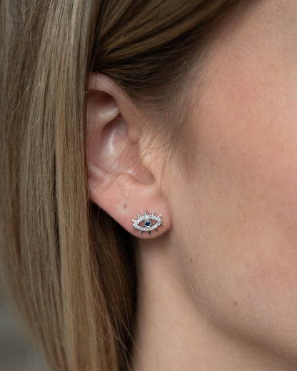 Sapphire & Diamond Evil Eye Studs 14k White Gold