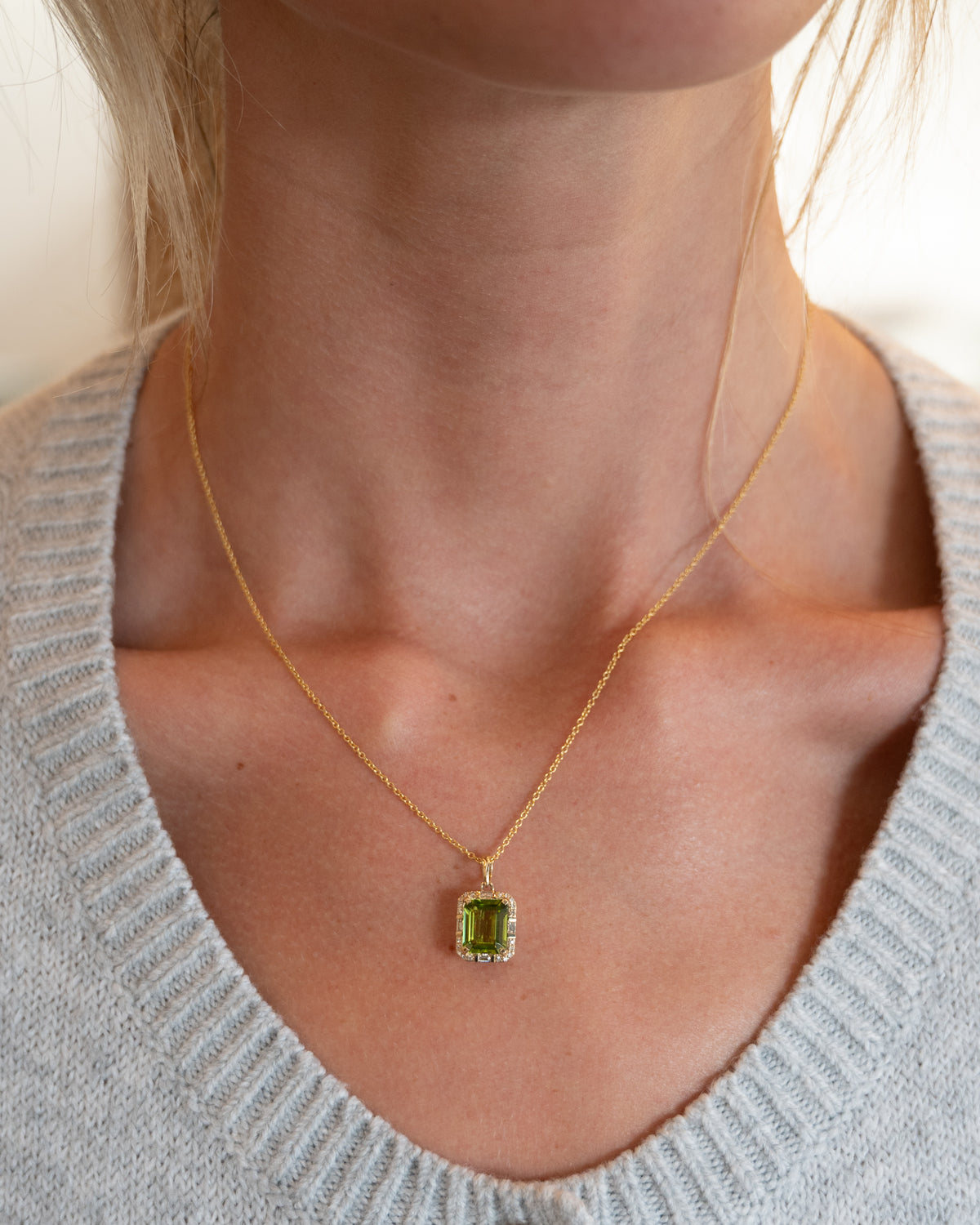 3.33 Emerald Cut Peridot & Diamond Pendant 14k Yellow Gold