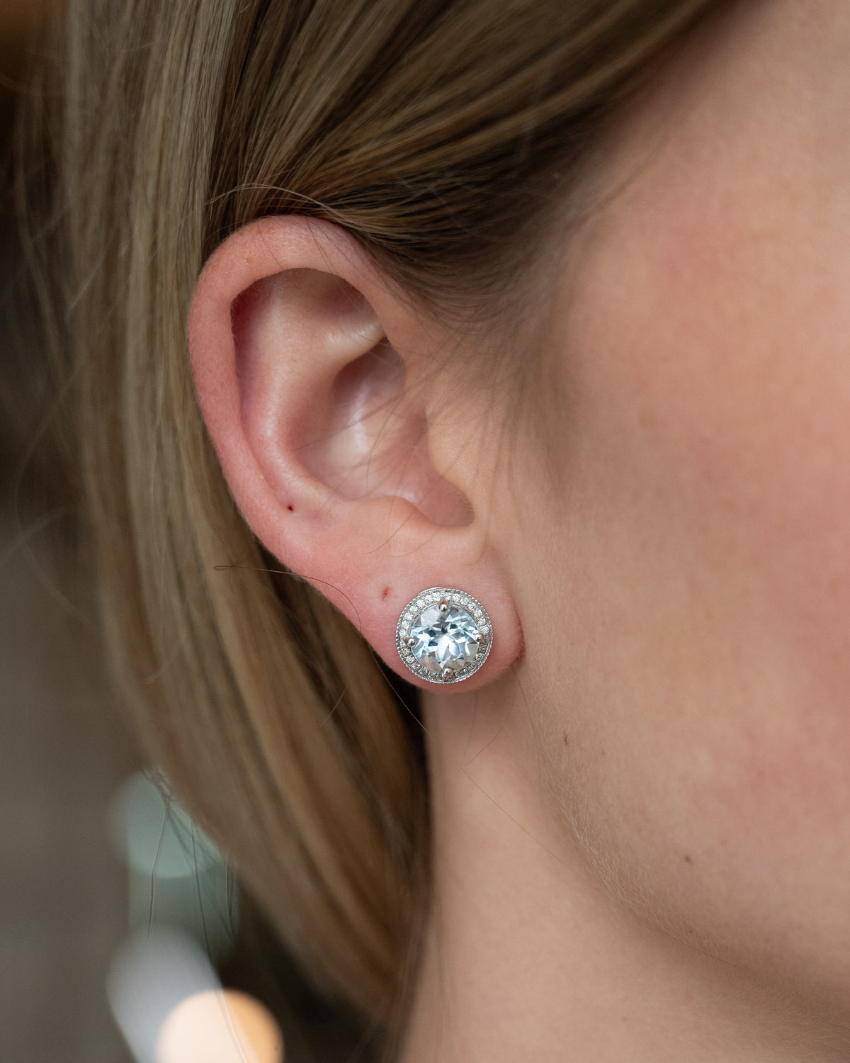3.18 Aquamarine & Diamond Halo Stud Earrings 14K White Gold