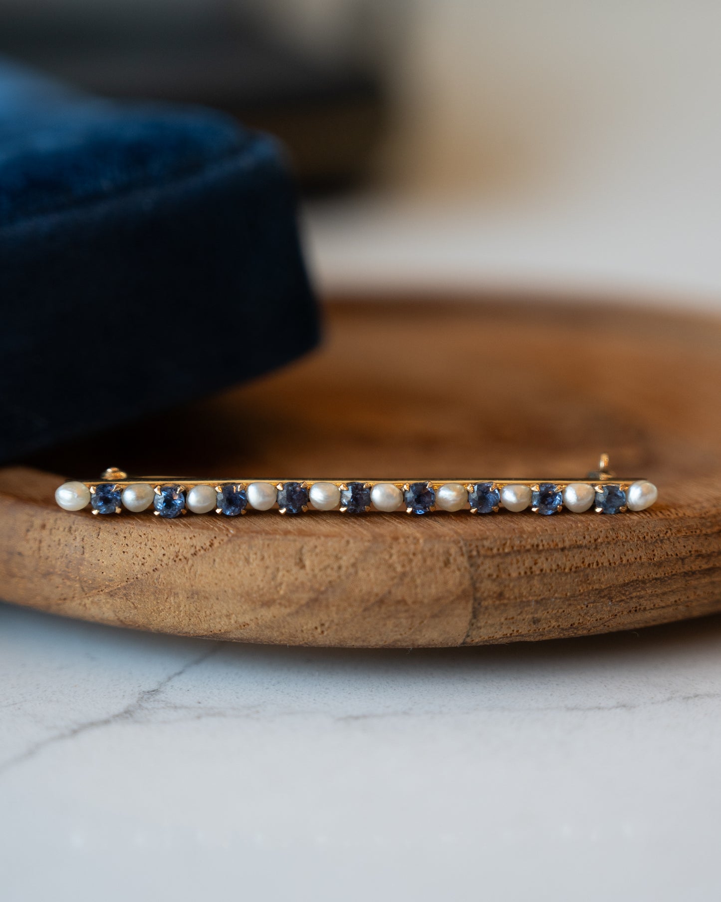 .90 Victorian Sapphire & Pearl Bar Brooch 14k