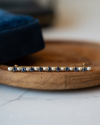 .90 Victorian Sapphire & Pearl Bar Brooch 14k