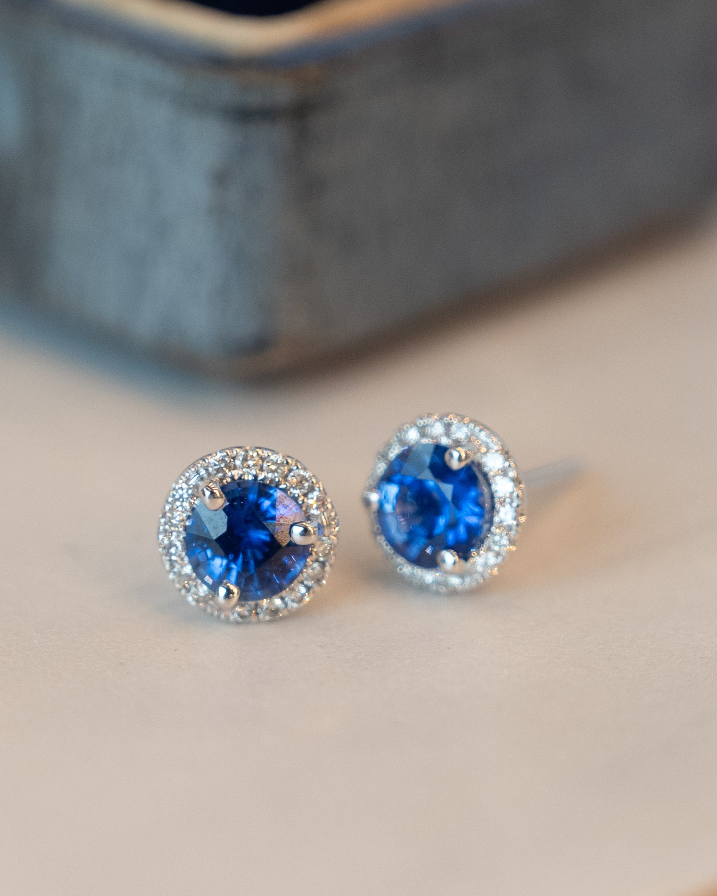 1.60 Blue Sapphire & Diamond Halo Stud Earrings 14k White Gold