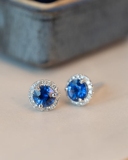 1.60 Blue Sapphire & Diamond Halo Stud Earrings 14k White Gold