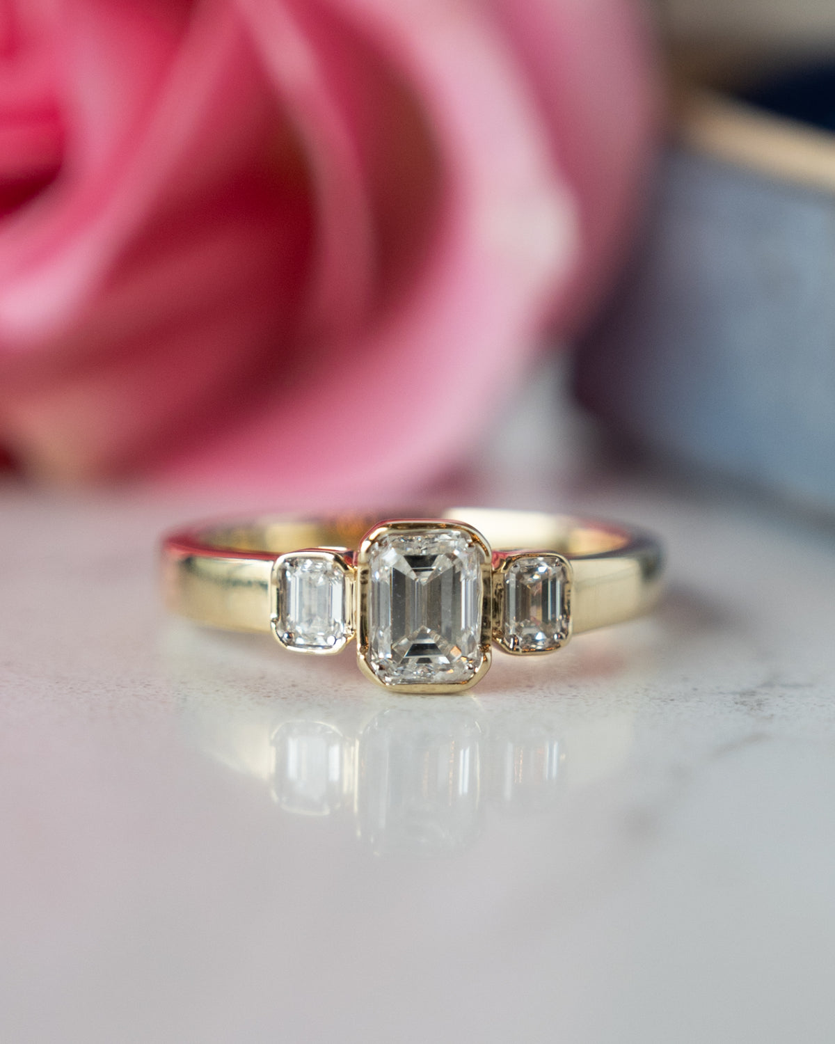 .73 Emerald Cut Diamond Three Stone Ring 14k Yellow Gold