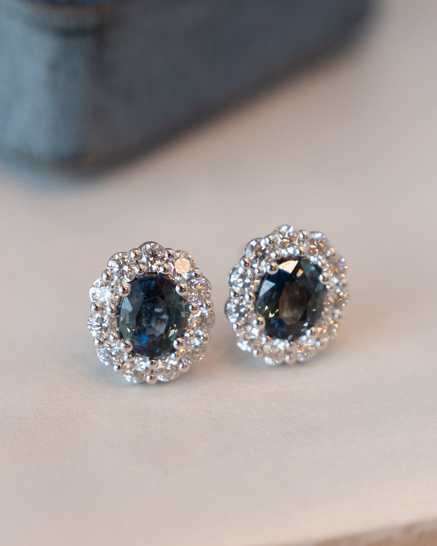 1.59 Oval Sapphire & Diamond Halo Stud Earrings 14k
