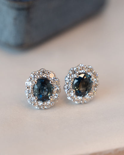 1.59 Oval Sapphire & Diamond Halo Stud Earrings 14k