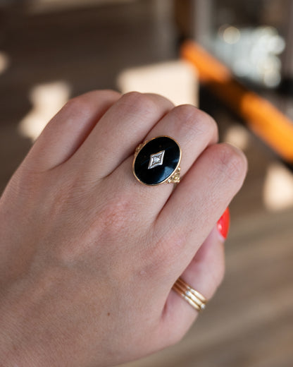 Vintage Retro Onyx & Diamond Cocktail Ring 14k